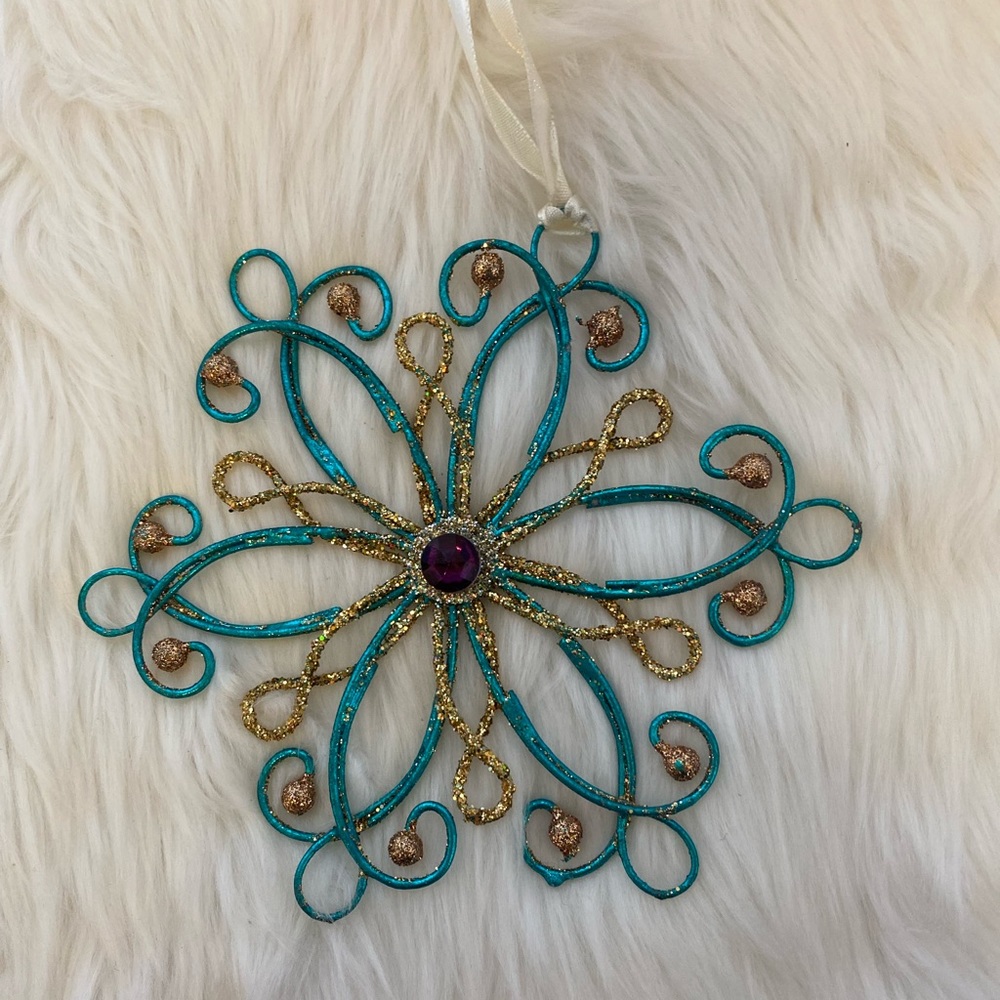 Pier 1 Glitzy Glitter Teal Gold Purple Snowflake Ornaments / Set of Two